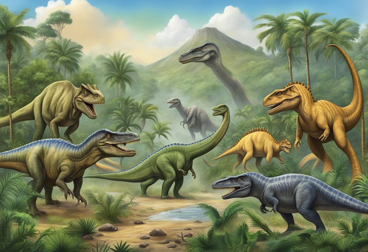 Various Mesozoic Era dinosaurs in a prehistoric landscape