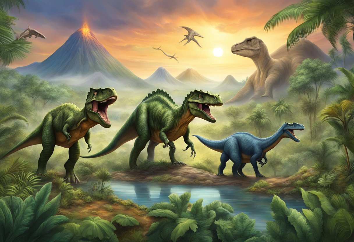 Various dinosaur species in a prehistoric landscape, including T-Rex, Triceratops, and Stegosaurus. Lush vegetation, volcanic activity, and a dramatic sky