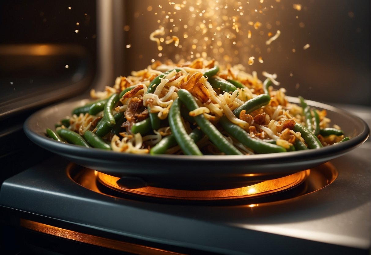 A microwave door is open, revealing a steaming green bean casserole inside on a rotating plate