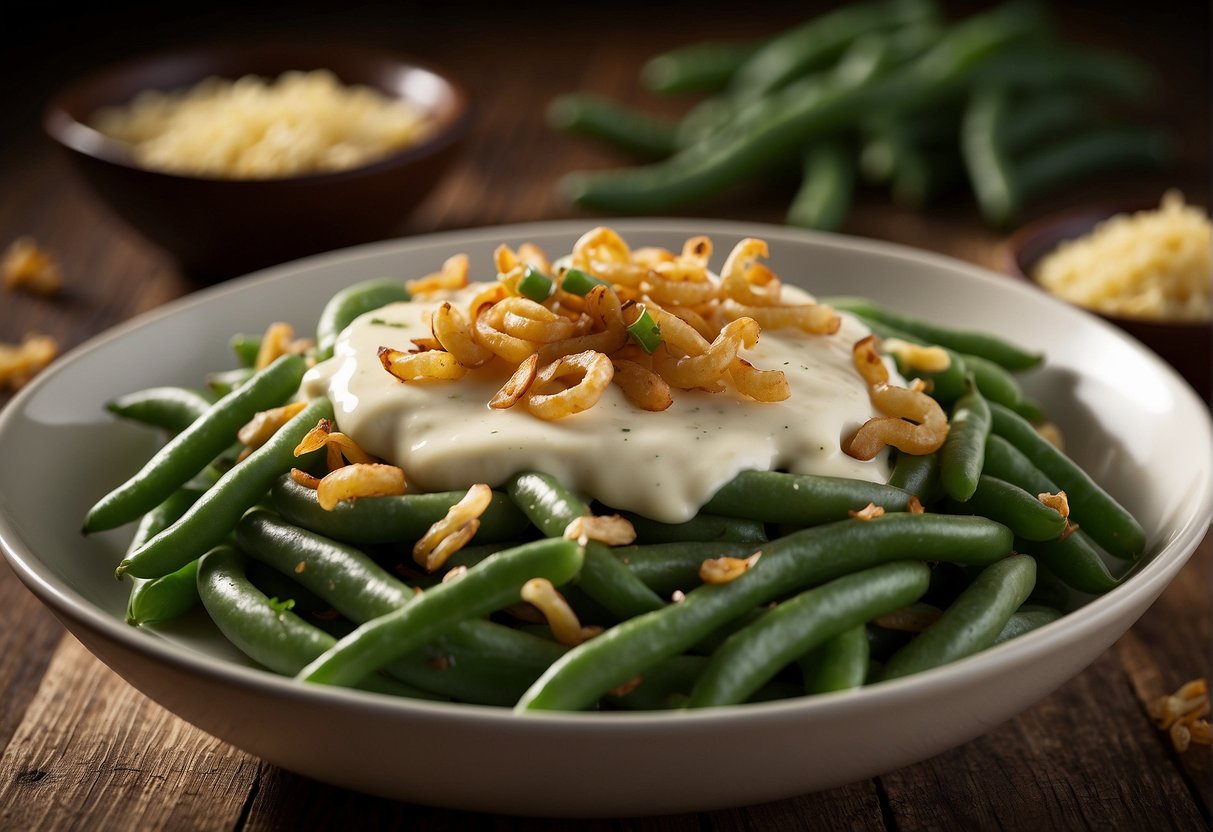 Green beans and creamy sauce mixed in a bowl, topped with crispy onions, ready to be microwaved