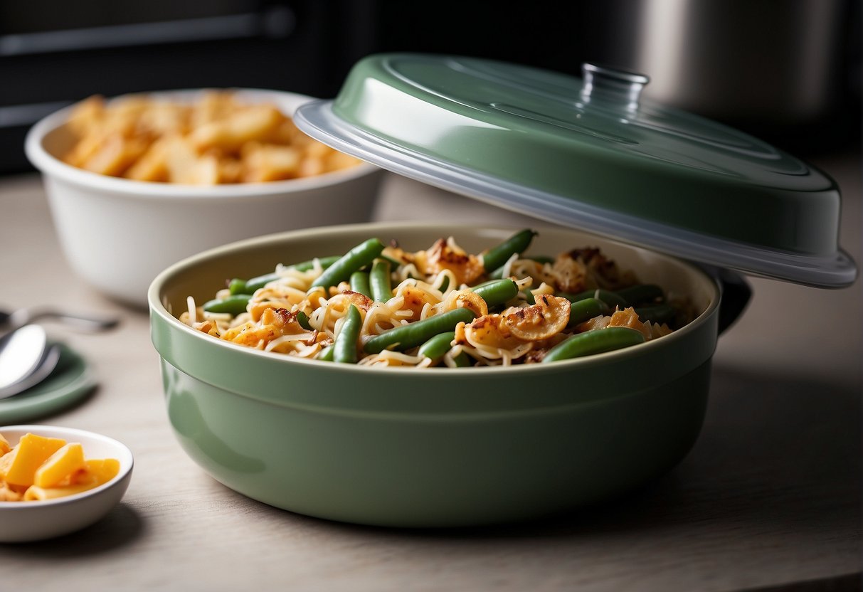 A microwave-safe dish with green bean casserole inside, covered with a lid and placed inside the microwave