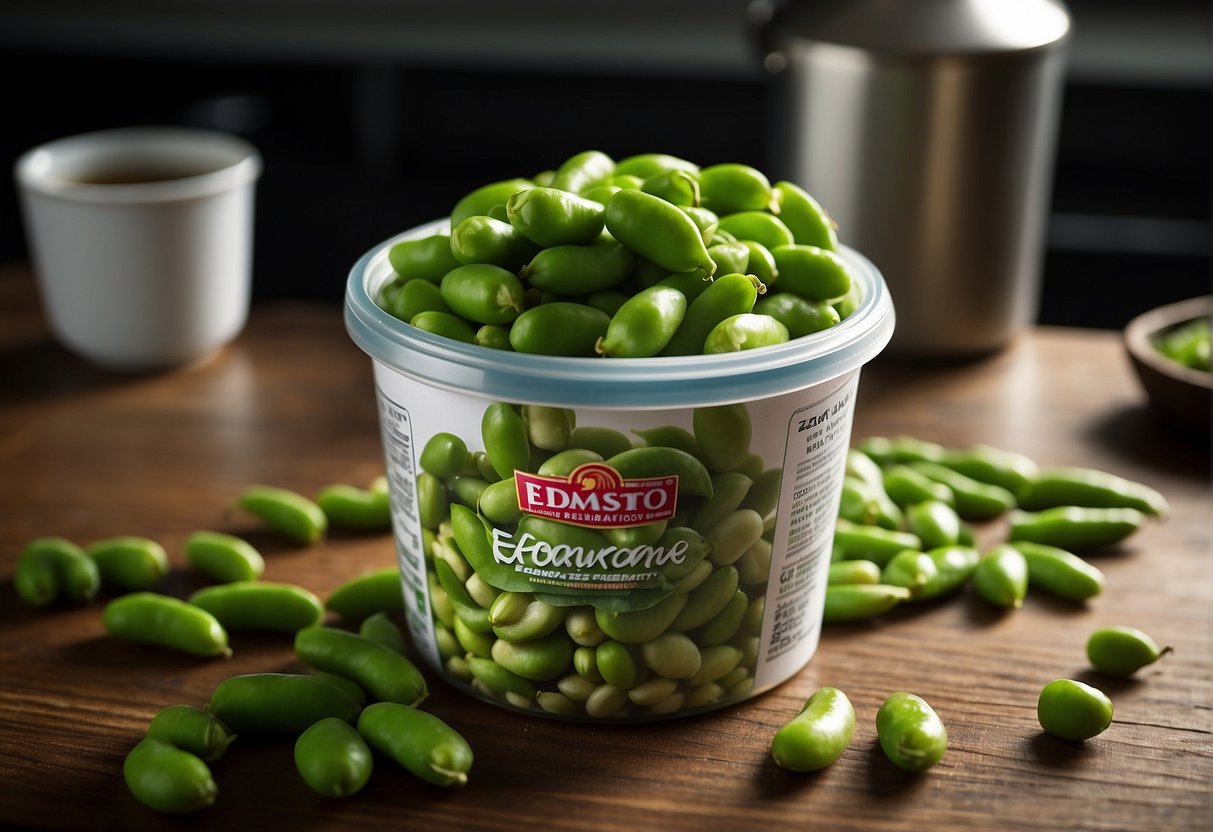 A bag of Costco edamame spills out onto a kitchen counter, with bright green pods scattered around. A few pods are cracked open, revealing the vibrant green beans inside