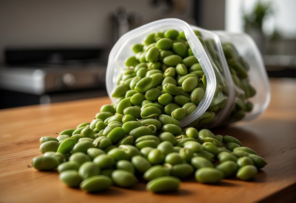 A pile of vibrant green edamame pods spill out of a Costco-sized bag, enticingly displayed on a kitchen counter