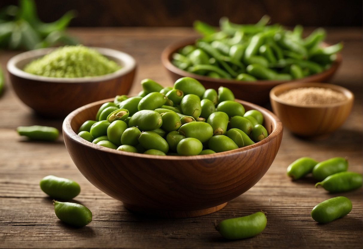 A bowl of Costco edamame sits on a wooden table, surrounded by scattered pods. The vibrant green color of the edamame contrasts with the natural wood background