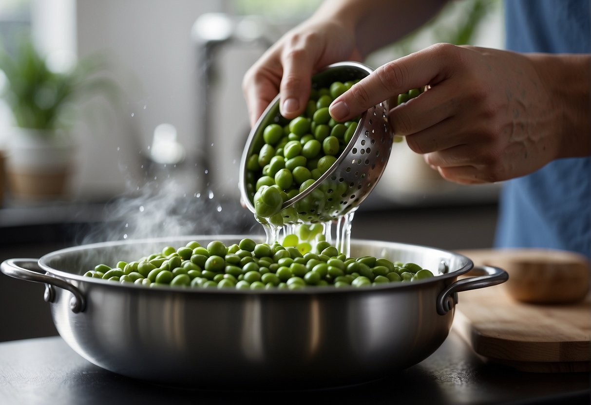 Edamame beans boiling in a pot of water, steam rising, a sprinkle of salt on top. A hand holding a strainer ready to drain the beans