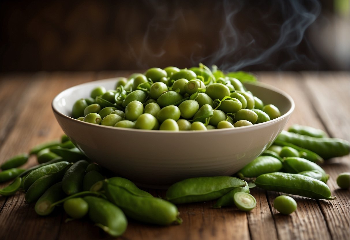 A bowl of fresh edamame sits on a rustic wooden table, with steam rising from the pods. A few pods are spilling out, showcasing the vibrant green color and inviting texture