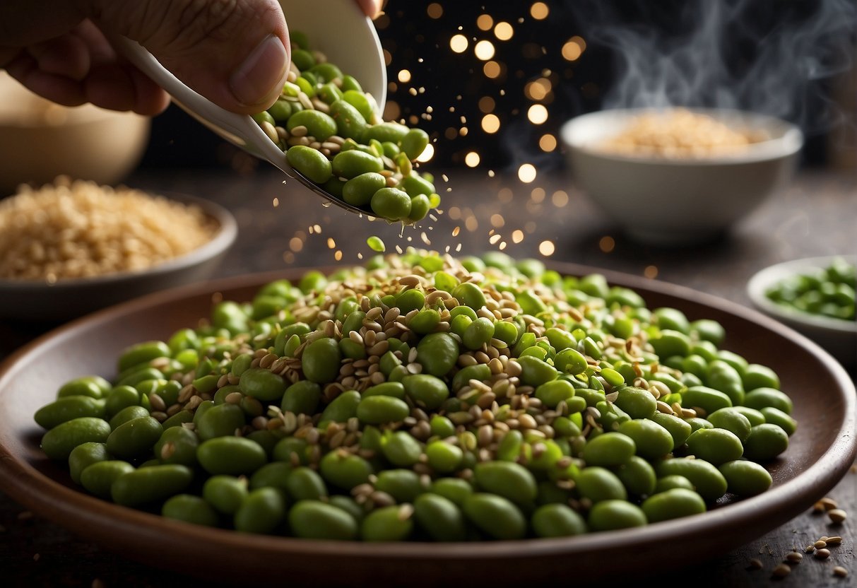 Edamame beans being sprinkled with seasoning and enhanced with spices, displayed on a Costco table