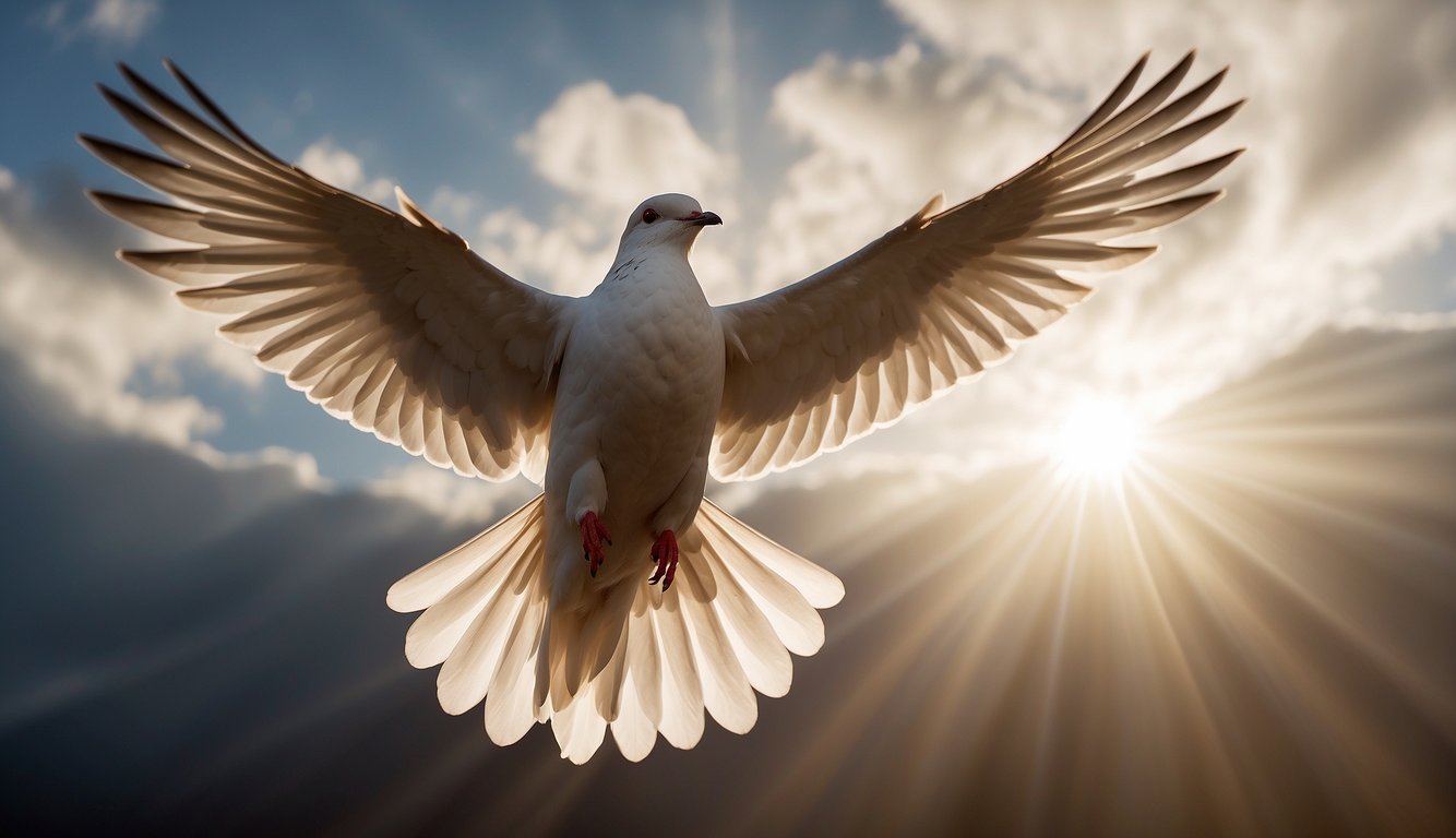 A dove descends from heaven, rays of light shining down, as a voice proclaims the promise of the Holy Spirit to believers. (Luke 3:22, John 14:16, Acts 1:4, Ephesians