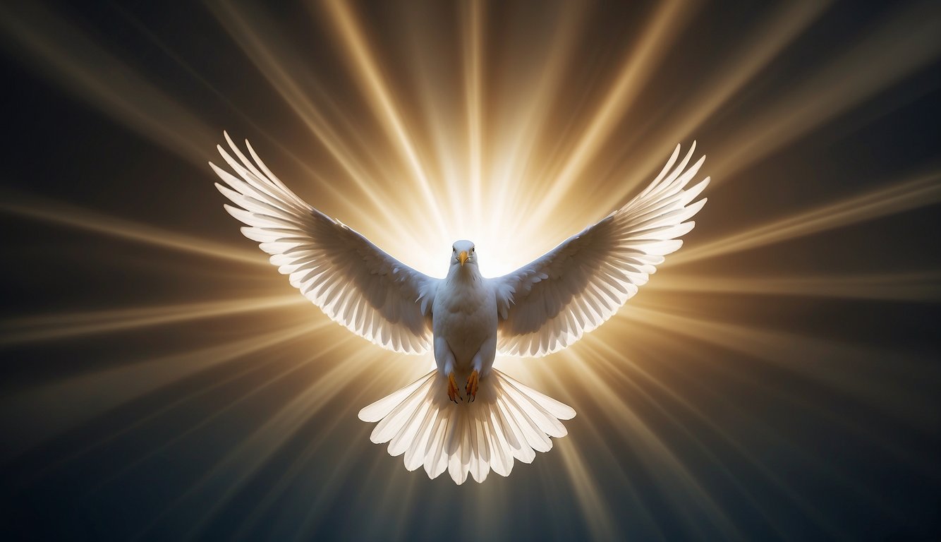 The Holy Spirit descends like a dove, surrounded by rays of light. A gentle breeze blows as a voice from heaven promises comfort and guidance. (Matthew 3:16, John 14:16, Acts 1:8, Galat