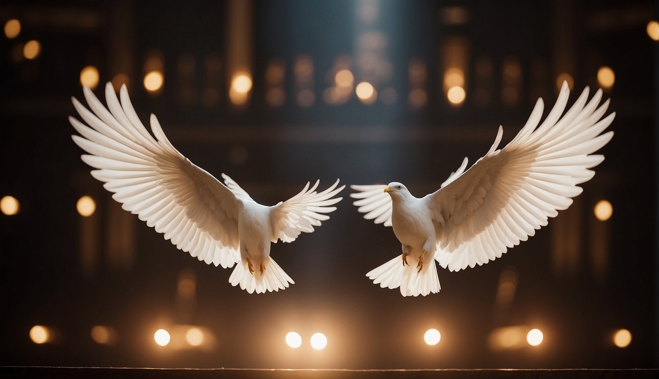 The Holy Spirit descends like a dove, tongues of fire rest upon believers, wind fills the room, and believers speak in tongues. (Matthew 3:16, Acts 2:3-4, John 14:16-17,