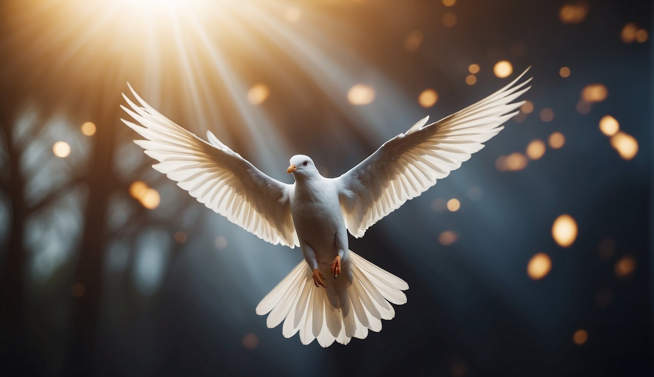 The Holy Spirit descends like a dove, filling believers with power and guidance. Wind and fire symbolize its presence, bringing transformation and unity