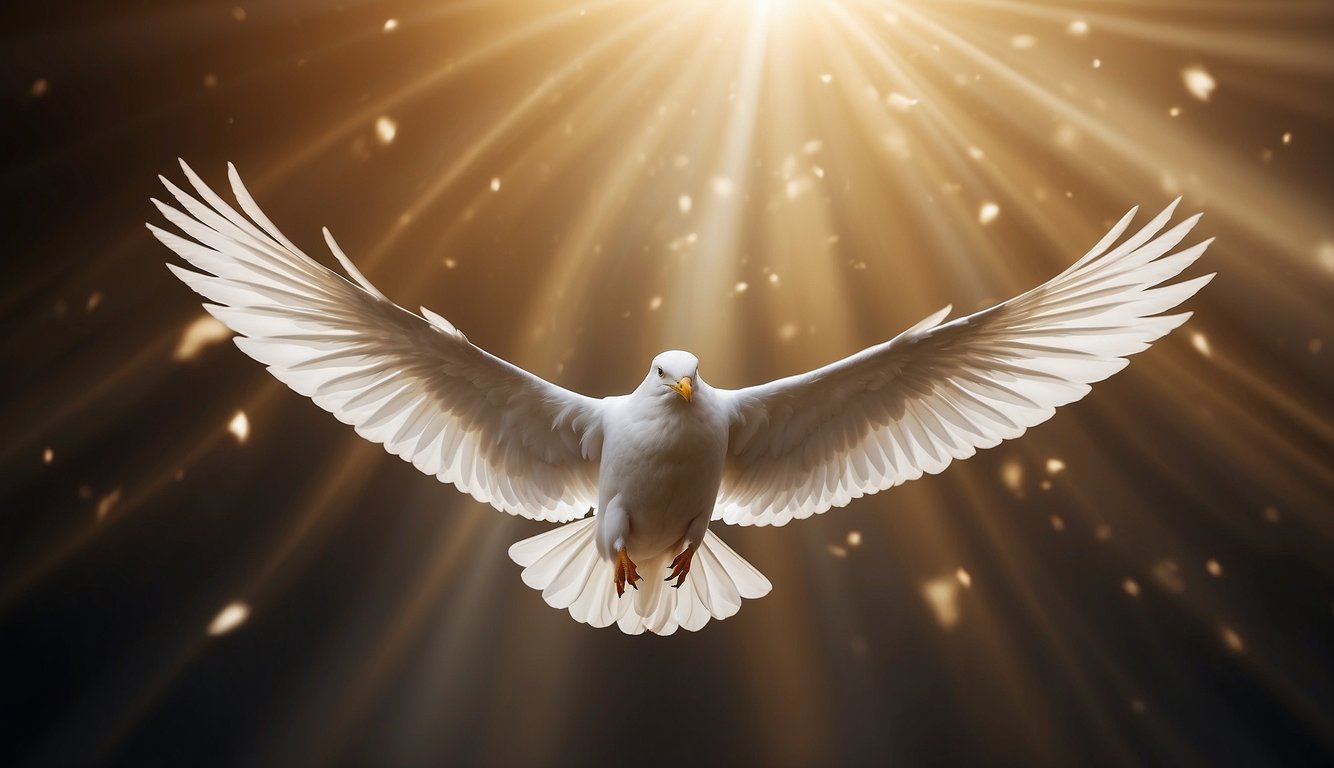 The Holy Spirit descends like a dove, as promised in John 14:16-17, Acts 1:4-5, Galatians 3:14, and Ephesians 1:13-14
