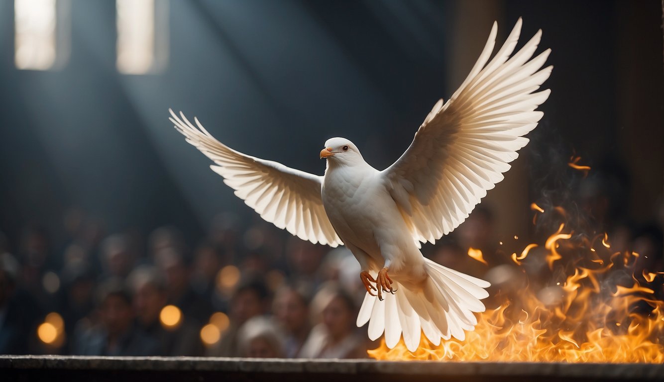 The Holy Spirit descends like a dove, as tongues of fire rest on believers. Wind rushes through the room, filling it with the presence of God. Believers speak in tongues and are filled with power. (Acts 2:1-