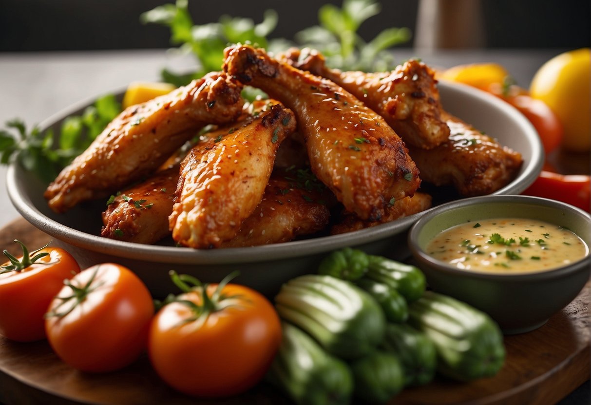 Foster Farms chicken wings sizzling in an air fryer, surrounded by vibrant, fresh vegetables and herbs, highlighting the health and nutrition considerations of the dish