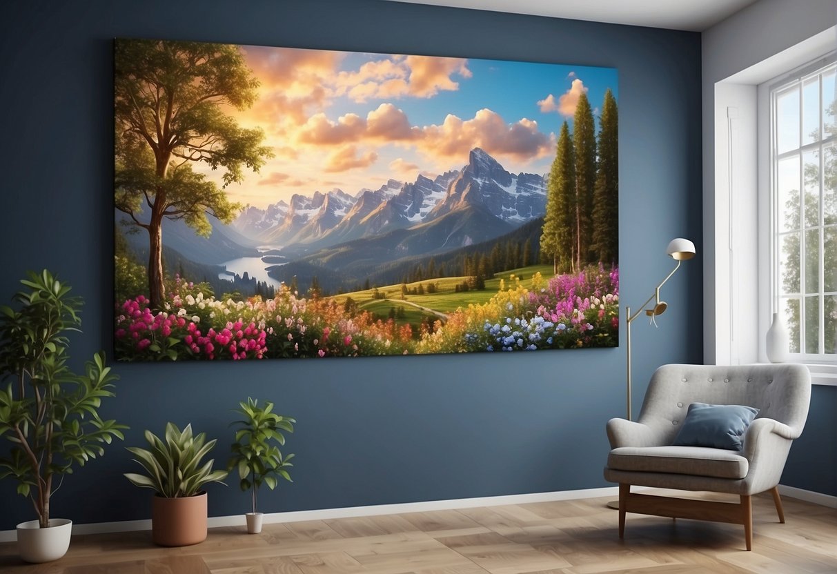A serene landscape with a colorful paint by numbers canvas, surrounded by calming elements like flowers, a gentle breeze, and soft natural lighting