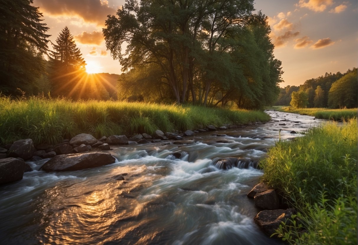 A serene landscape with a flowing river, lush green trees, and a colorful sunset. The scene exudes calmness and tranquility, perfect for relaxation and mental well-being