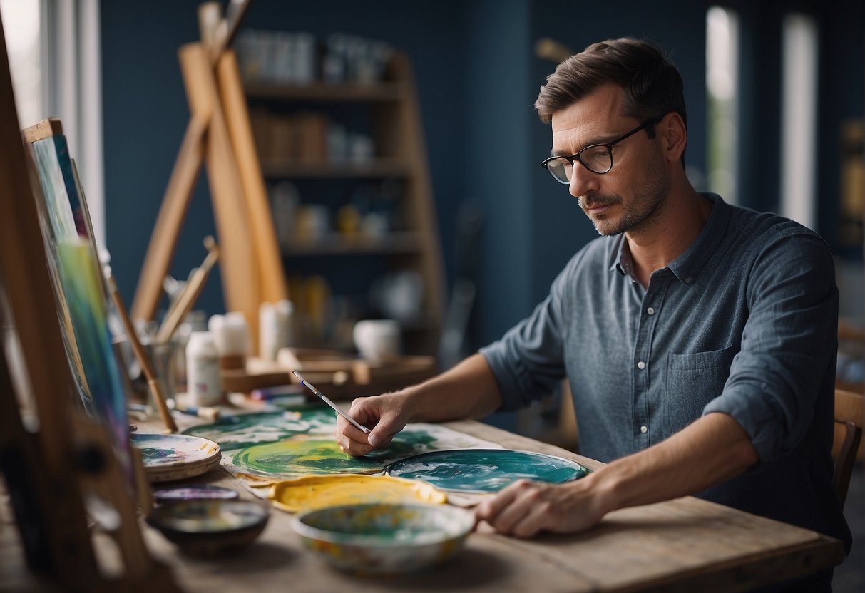 A calm, focused individual painting by numbers, surrounded by soothing colors and a sense of accomplishment