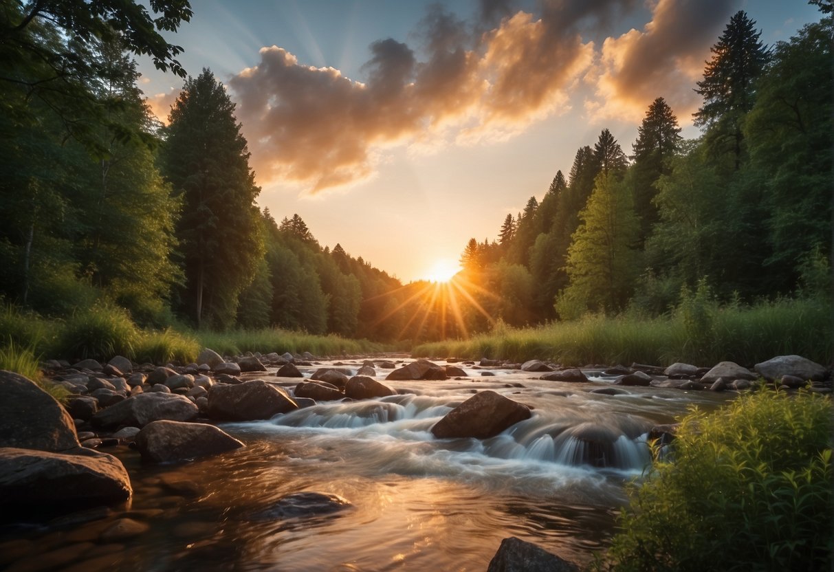 A serene landscape with a flowing river, lush greenery, and a colorful sunset sky