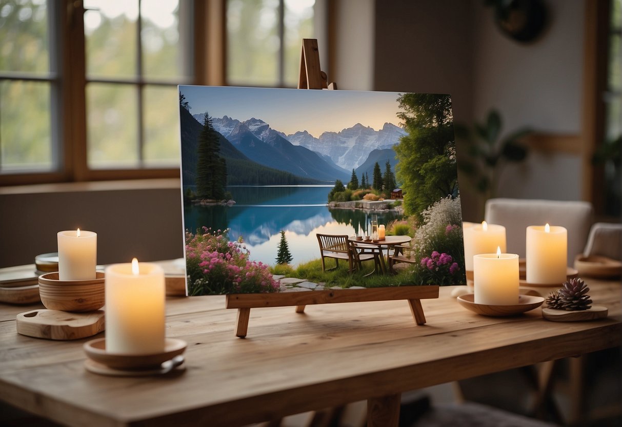 A tranquil scene with a table set up for painting by numbers, surrounded by calming decor and soft lighting. A sense of relaxation and focus is evident in the atmosphere