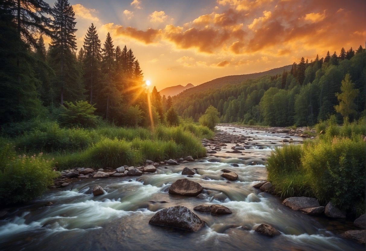 A serene landscape with a flowing river, lush trees, and a colorful sunset. A person's perspective painting the scene with focus and calm