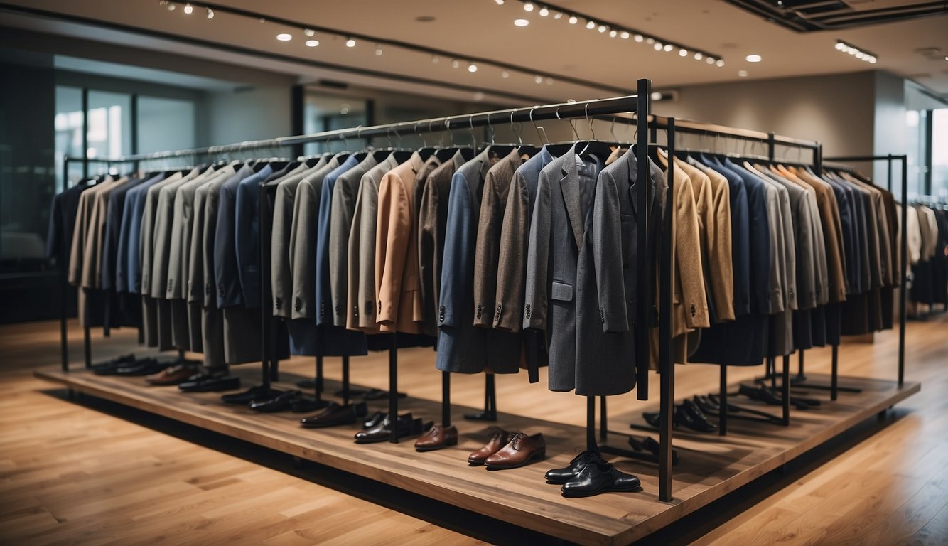 A group of casual suits for men hanging neatly on a clothing rack, with various colors and styles on display