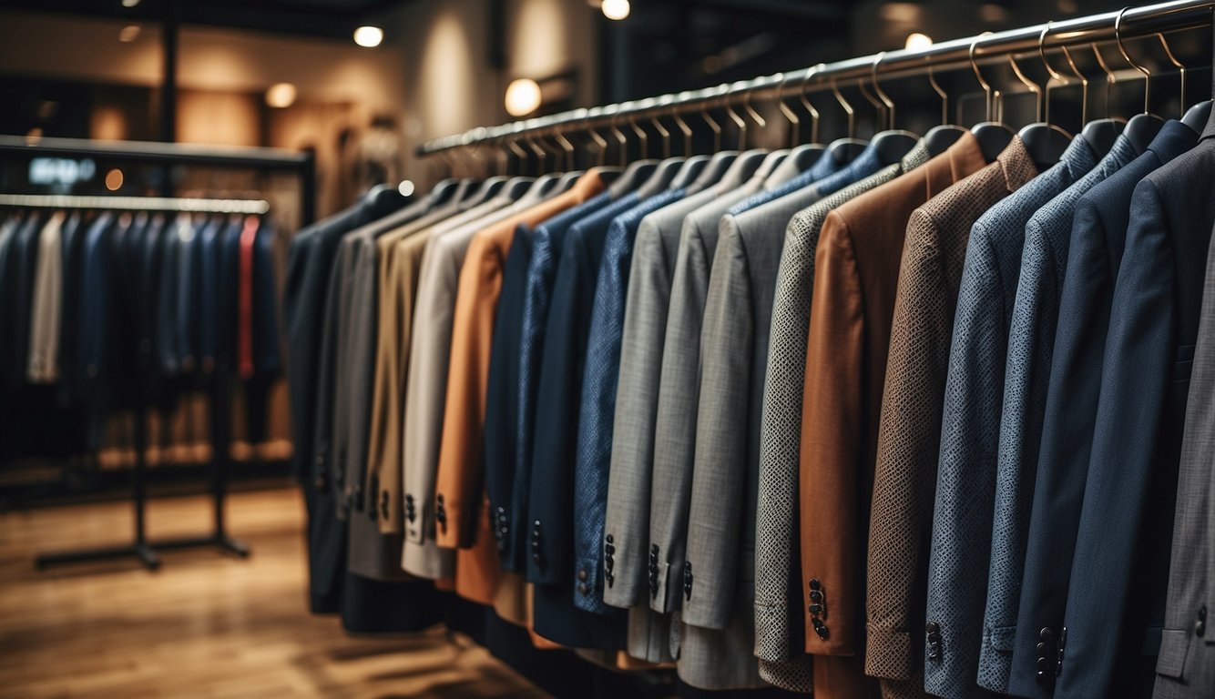 A rack of casual suits in various colors and patterns, neatly organized on display in a modern boutique setting