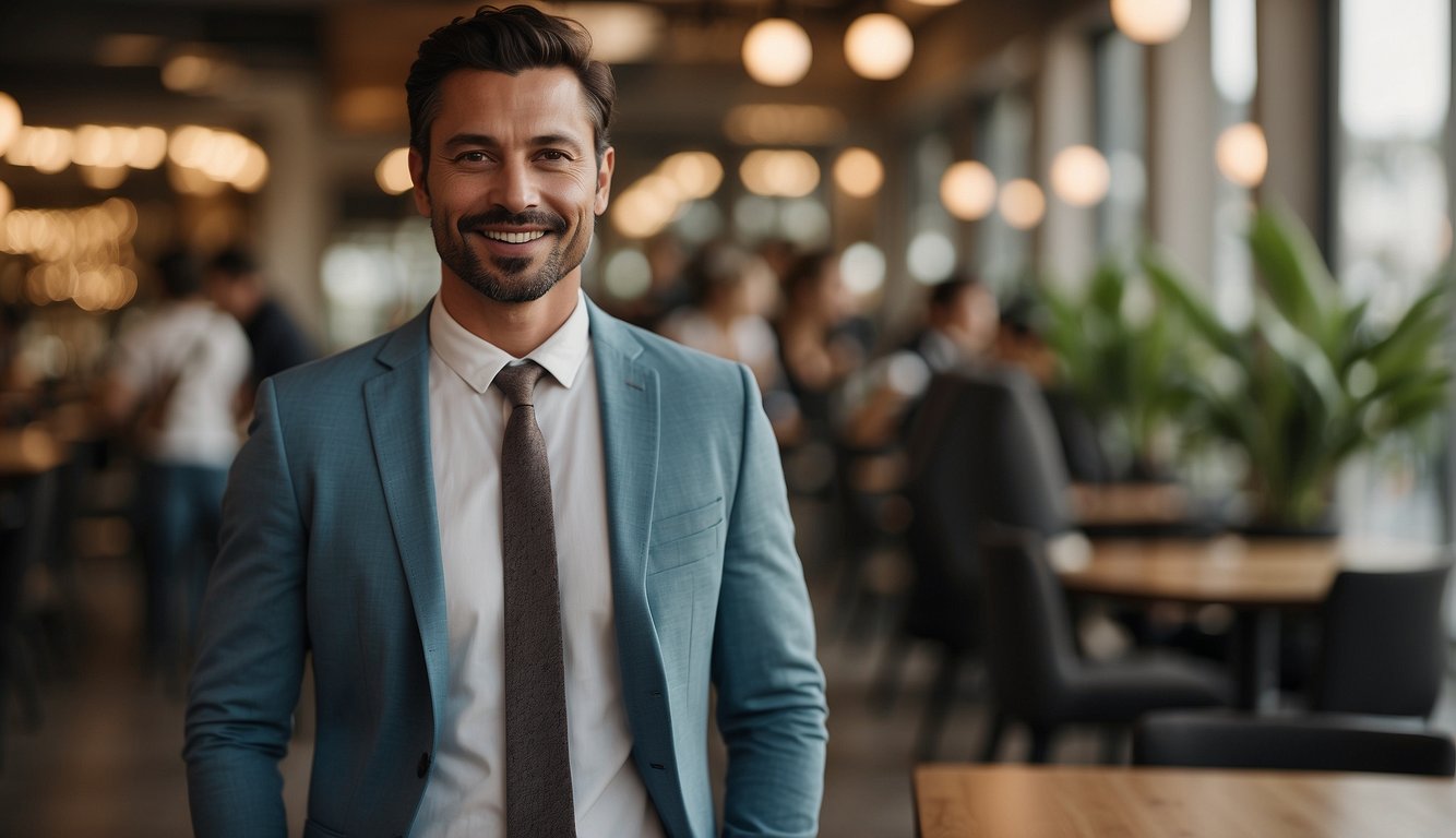 A man in a casual suit, with a relaxed fit and muted colors, standing in a social setting with a laid-back atmosphere