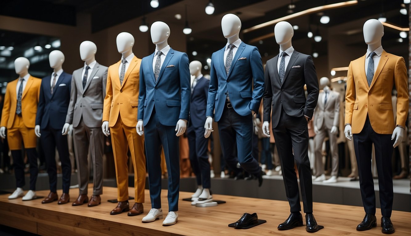 A group of casual suits in various colors and styles, displayed on mannequins or hangers in a modern and stylish setting