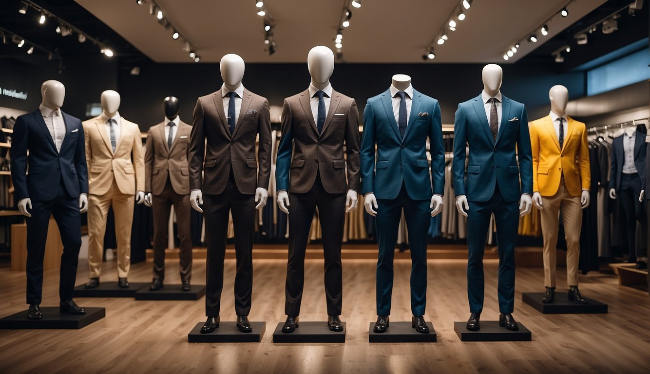 A stylish store display showcases a variety of casual suits for men, neatly arranged on mannequins or hangers. Bright lighting highlights the sleek fabrics and modern designs