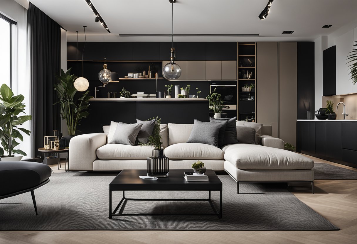 A black and neutral living room with modern furniture and minimal decor