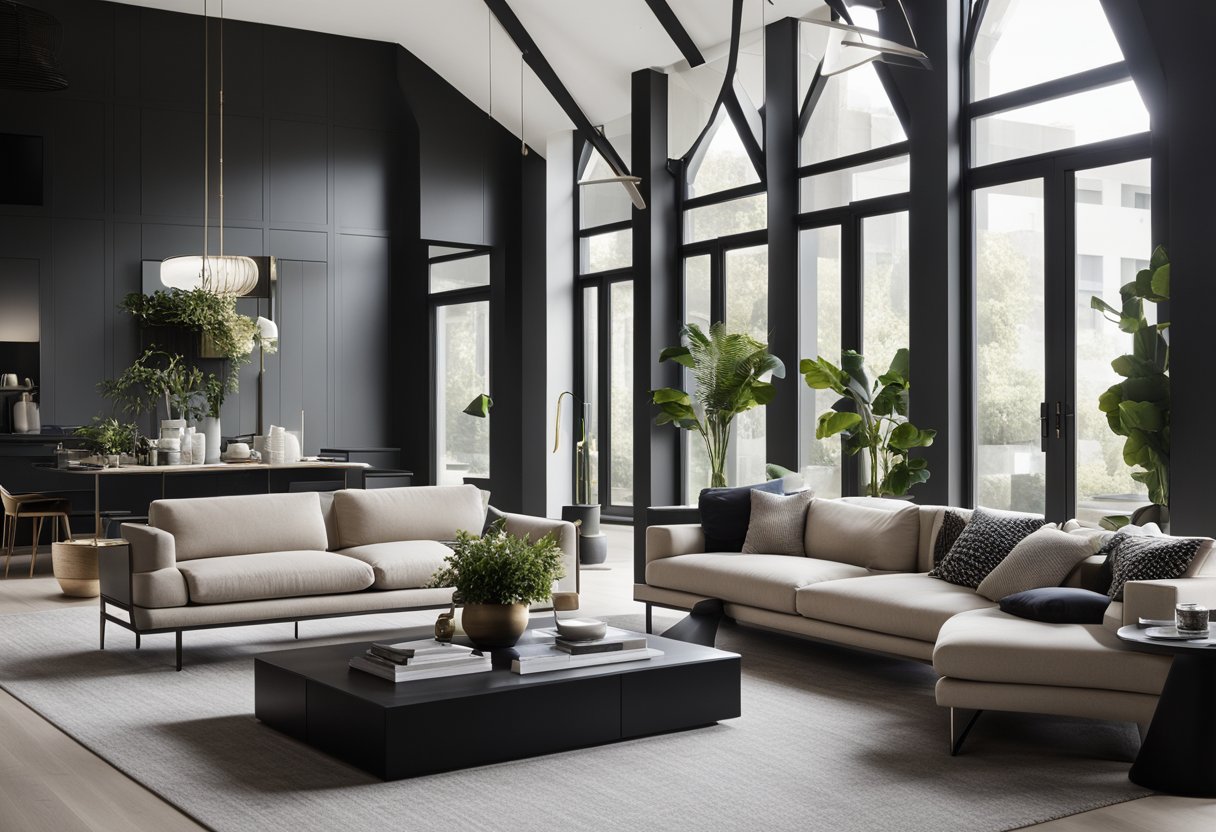 A modern black and neutral living room with clean lines, minimalistic furniture, and pops of metallic accents. Large windows allow natural light to fill the space, creating a serene and sophisticated atmosphere