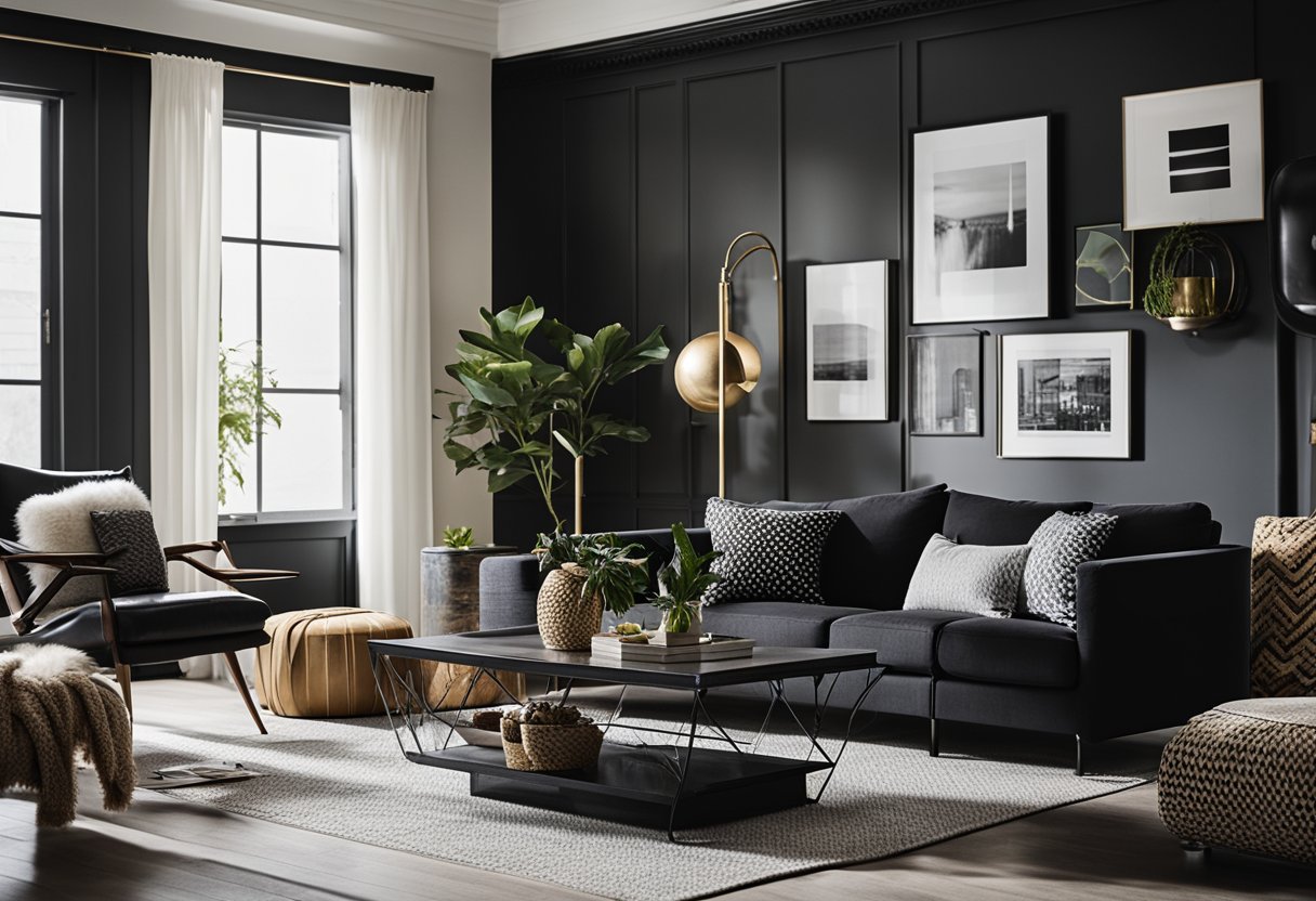 A black and neutral living room with high contrast. Dark furniture against light walls, with pops of color in decor