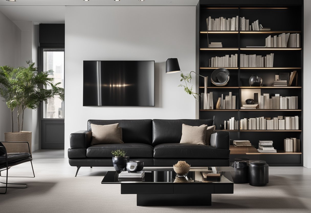 A black and neutral living room with a sleek leather sofa, a modern glass coffee table, and a minimalist bookshelf against a white wall