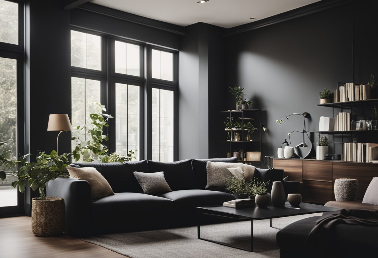 A dimly lit black and neutral living room with a cozy, relaxed atmosphere