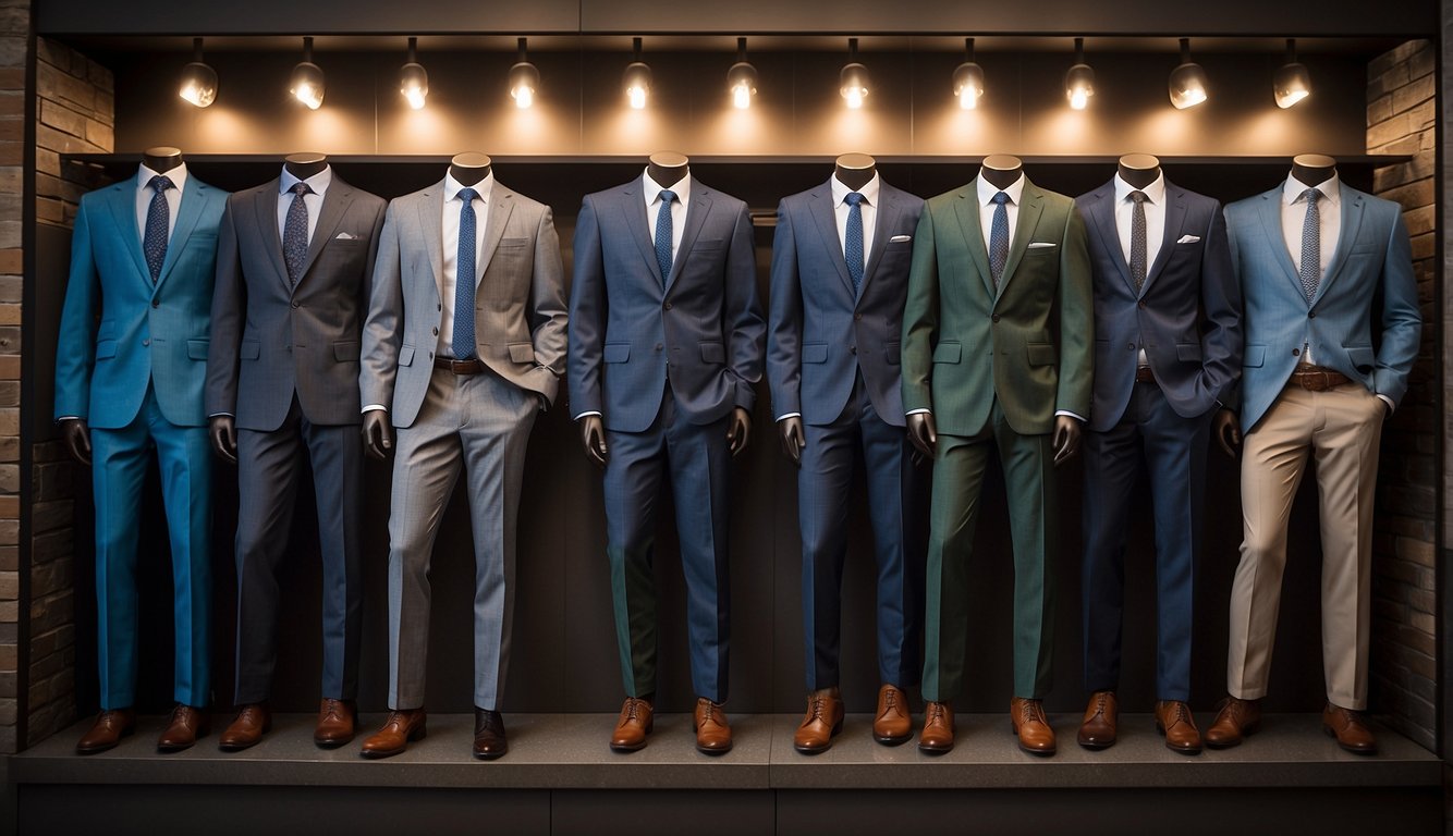 A display of men's casual suits with FAQ signs, varied colors, and styles