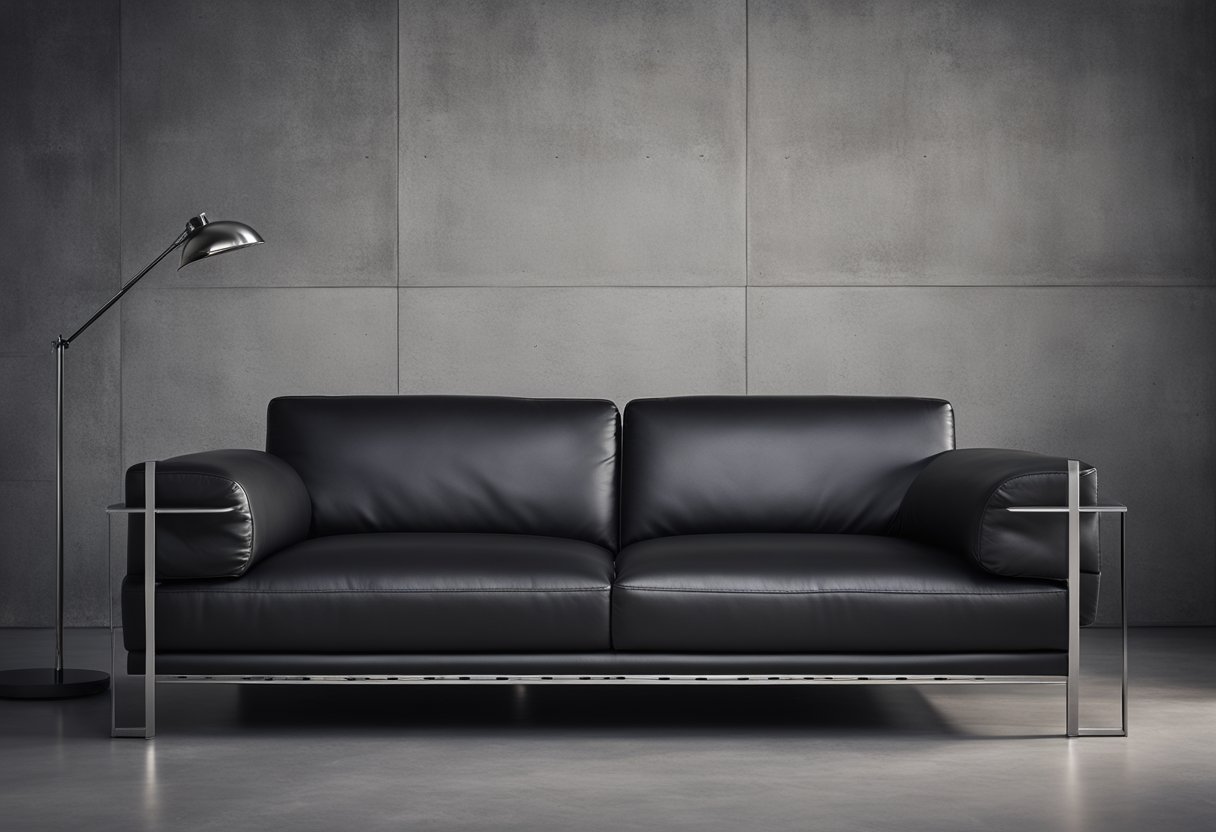 A black leather sofa sits against a concrete wall, with a shaggy grey rug and a sleek metal coffee table in the center of the room. Glass and steel accents add a modern touch