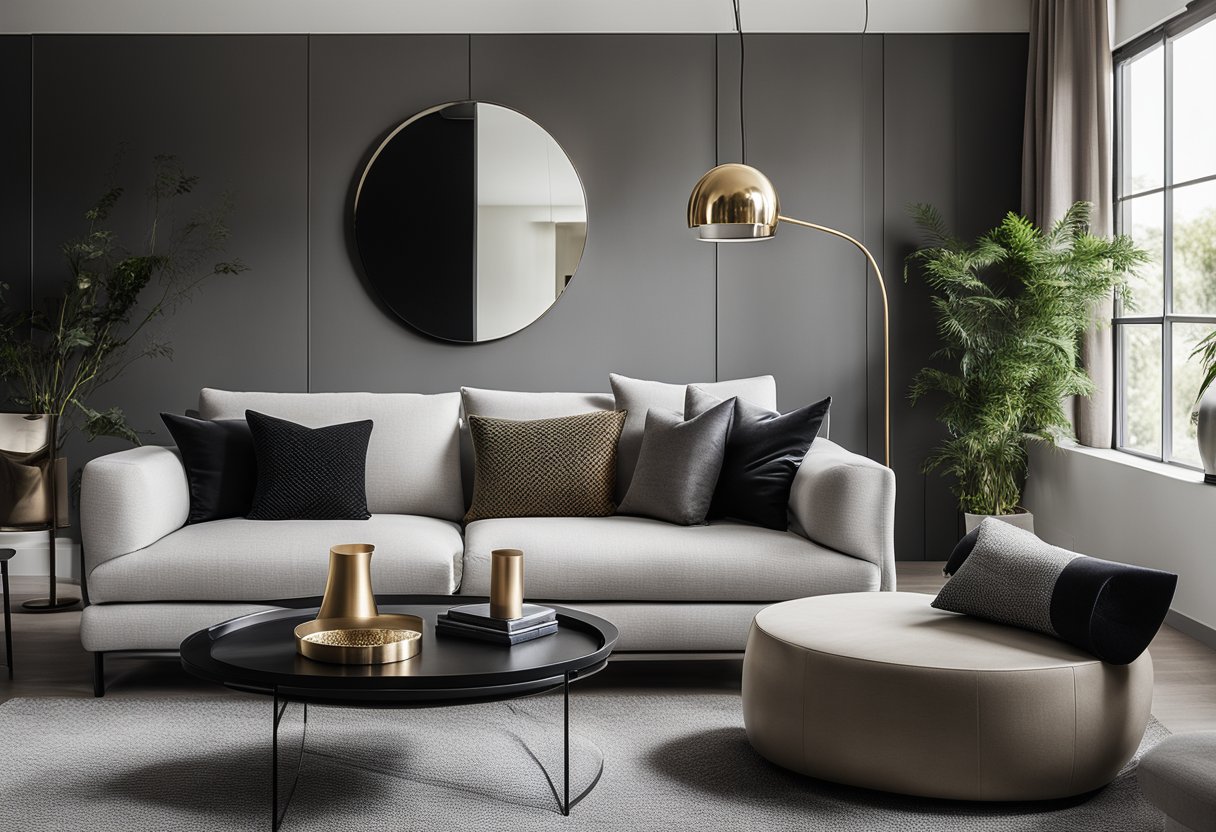 A sleek black and neutral living room with modern furniture and metallic accents. A statement rug and textured throw pillows add warmth to the minimalist space