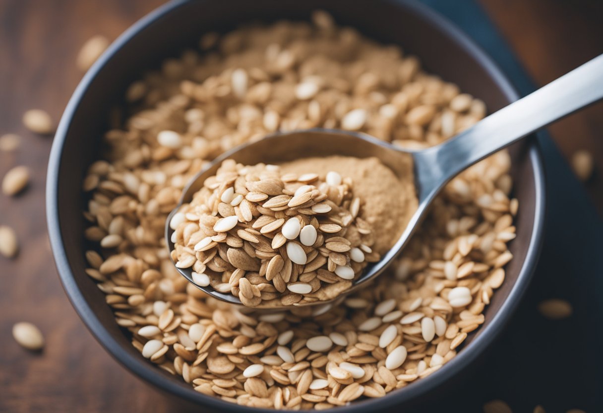 A mixing bowl filled with oats, protein powder, almond butter, and honey. A spoon stirring the ingredients into a thick, cookie dough-like consistency