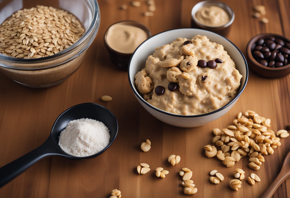 A bowl of protein-packed cookie dough sits on a wooden table, surrounded by ingredients like oats, almond flour, and a jar of peanut butter. A spoon rests on the side, ready for mixing