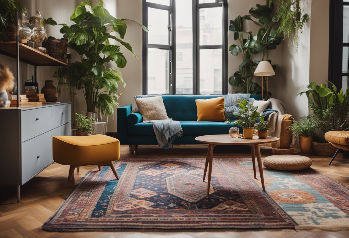 An eclectic apartment with mismatched furniture, colorful rugs, and vintage decor. A mix of modern and retro styles, with plants and art pieces scattered throughout