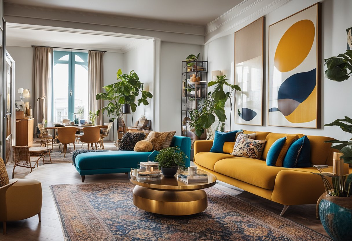 An eclectic apartment with mix of vintage and modern furniture, vibrant colors, and diverse patterns. Unique art pieces and global decor elements create a dynamic and personalized living space