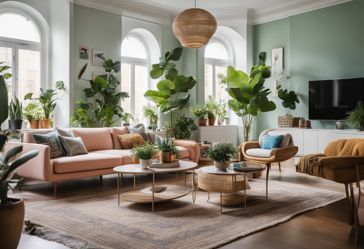 A spacious living room with a mix of vintage and modern furniture. Bright colors and patterns add a playful touch. Plants and art pieces create a cozy and eclectic atmosphere