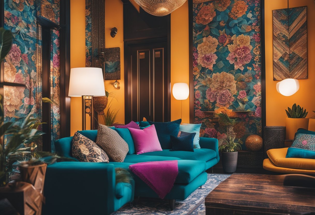 A vibrant, eclectic apartment with bold color schemes and intricate patterns in the decor