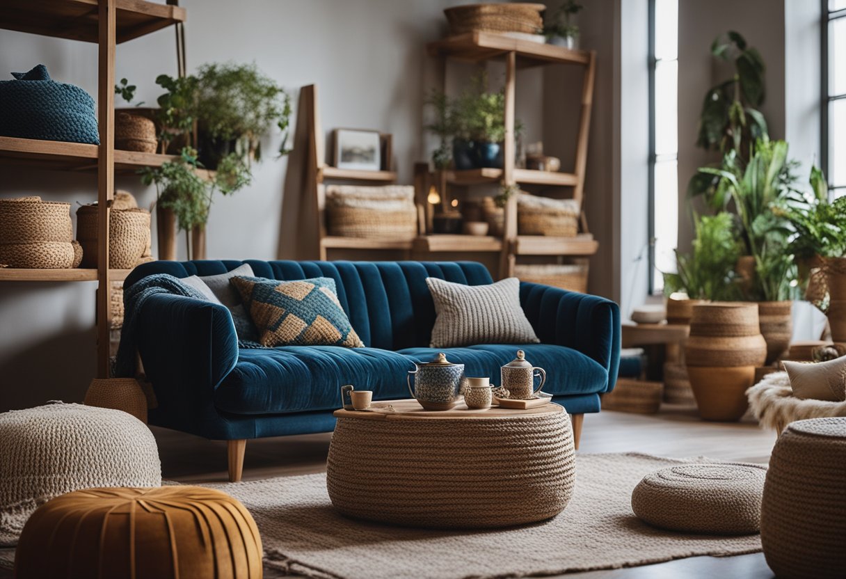 An eclectic apartment with a mix of textures and fabrics: a velvet sofa, a woven rug, and a knitted throw. The walls adorned with tapestries and the shelves filled with pottery and woven baskets