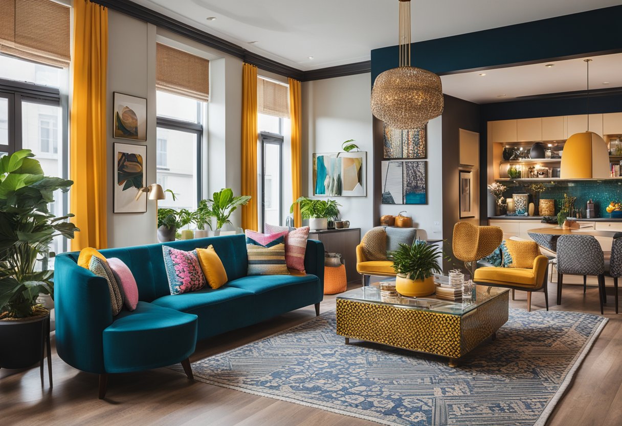 An eclectic apartment adorned with vibrant artwork and decorative accents. A mix of bold colors, patterns, and textures create a visually stimulating space