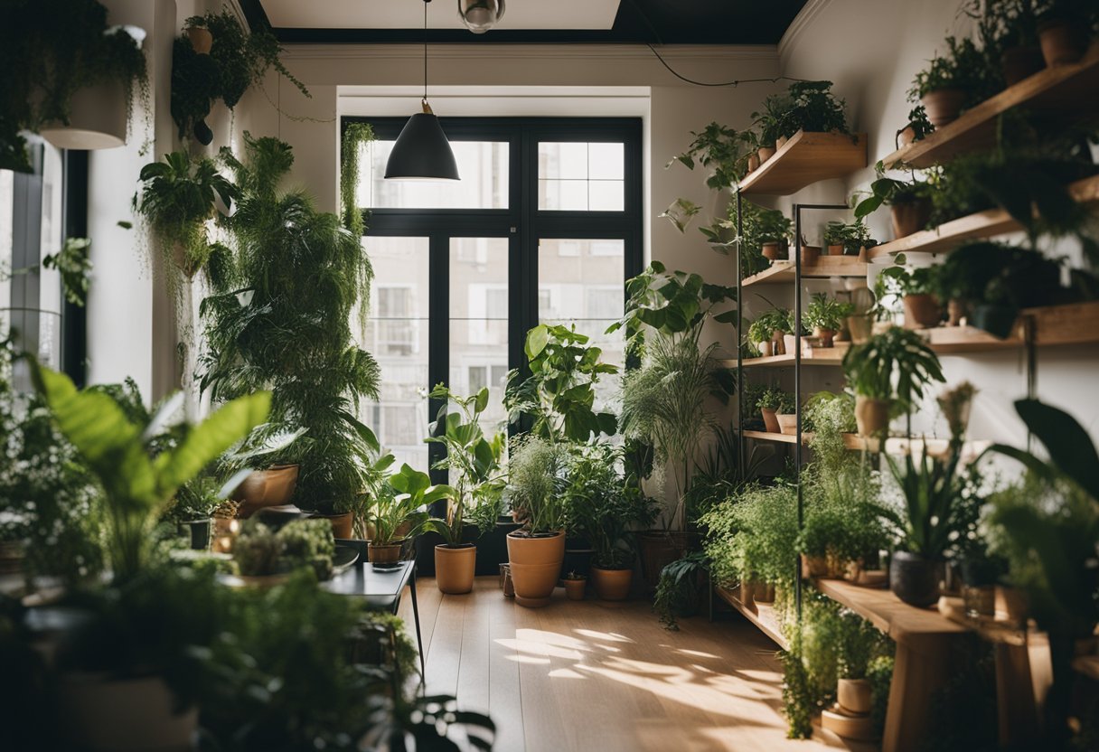 An eclectic apartment with plants and greenery scattered throughout the space, adding a natural and vibrant touch to the home decor