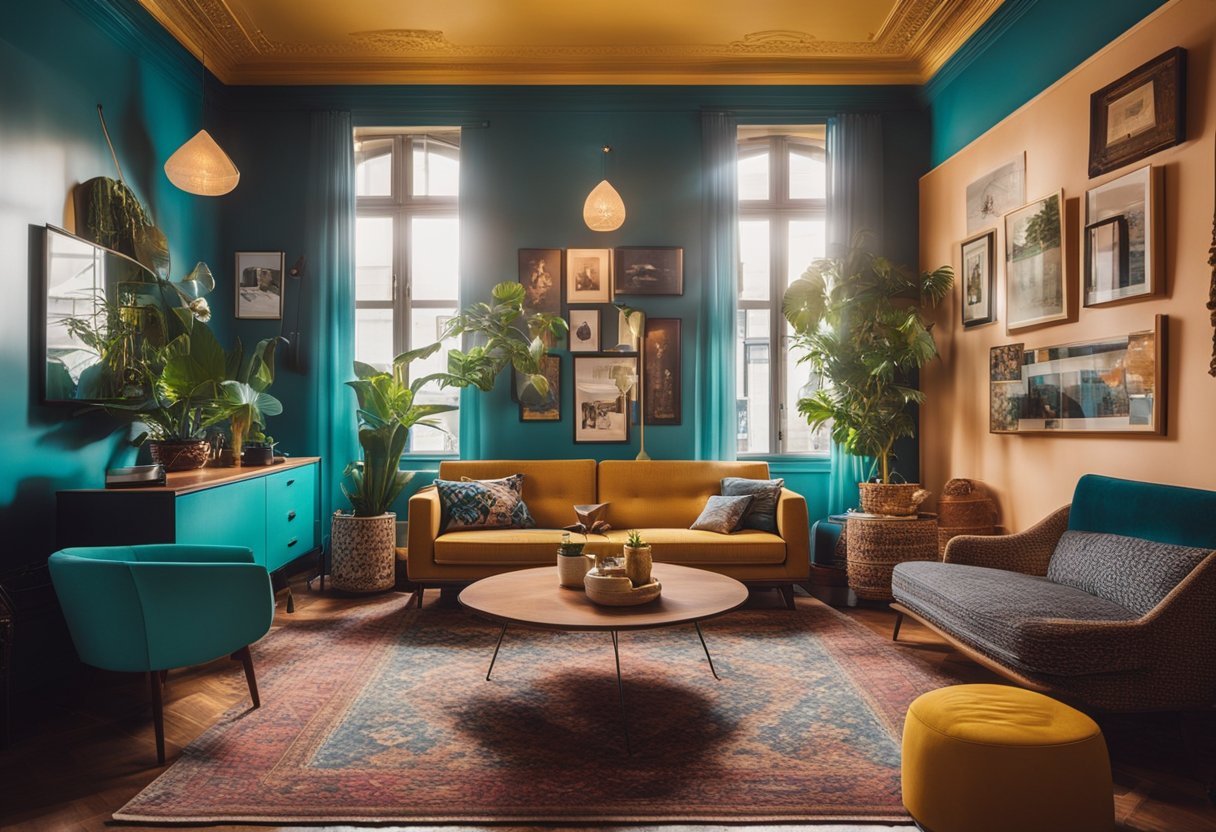 An eclectic apartment with mismatched furniture, vibrant colors, and various patterns creating a cohesive and unique look