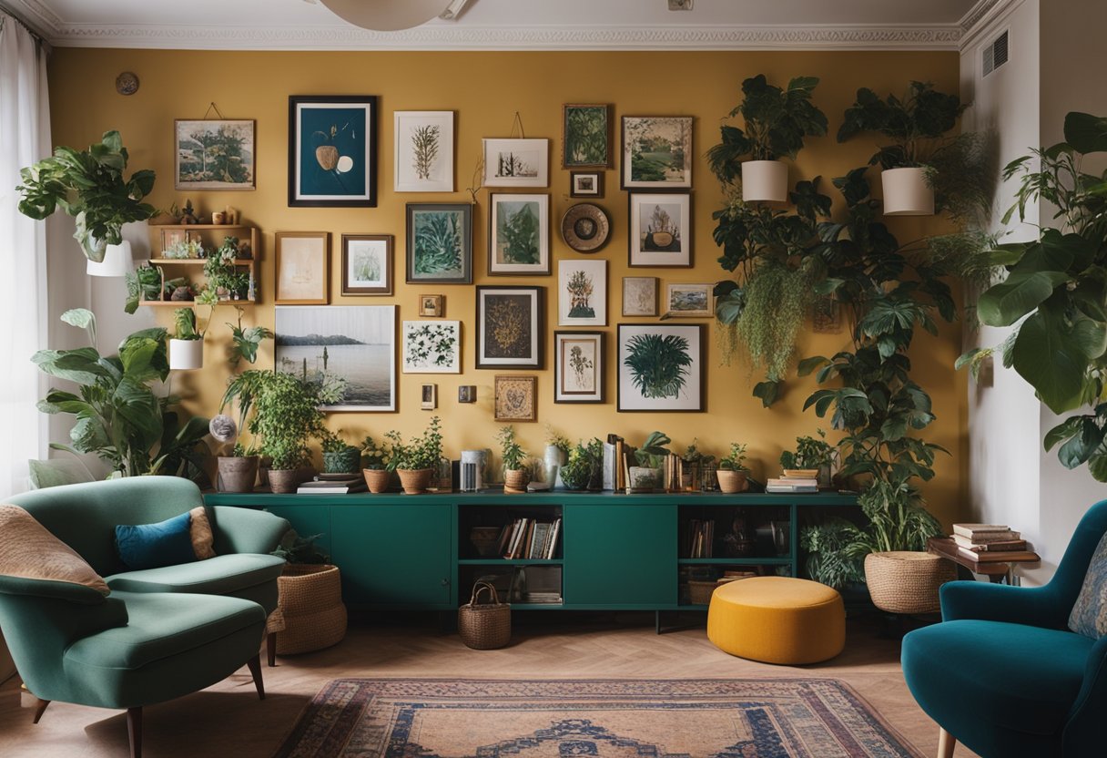 An eclectic apartment with colorful mismatched furniture, vintage rugs, and an array of art on the walls. Plants and books add cozy touches to the small space