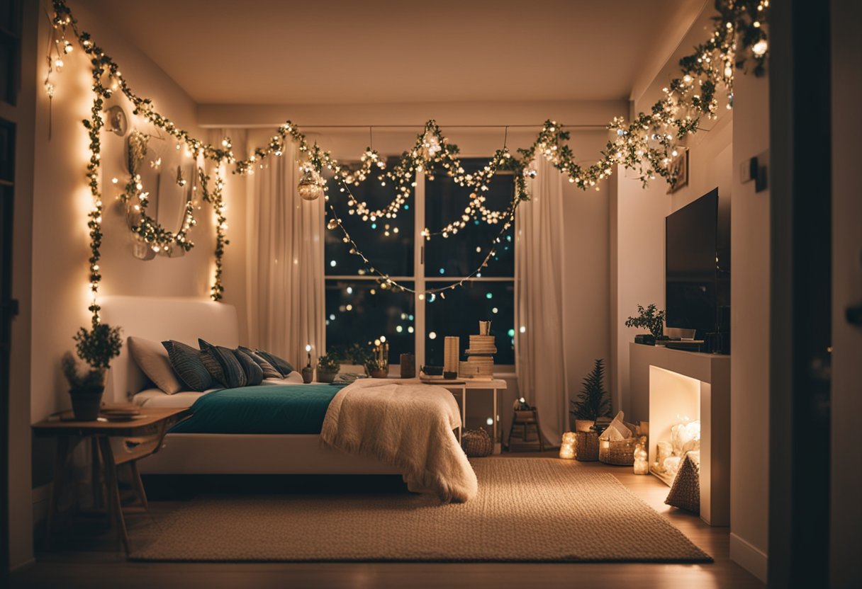 Colorful lights, garlands, and ornaments adorn the eclectic apartment, creating a festive and seasonal atmosphere