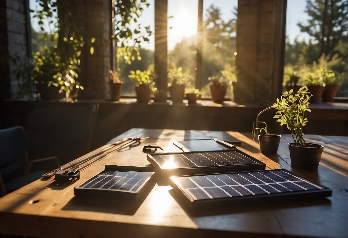 A table with solar panels, tools, and a manual. Sunlight streams in through a window. Materials are neatly organized for a DIY solar project